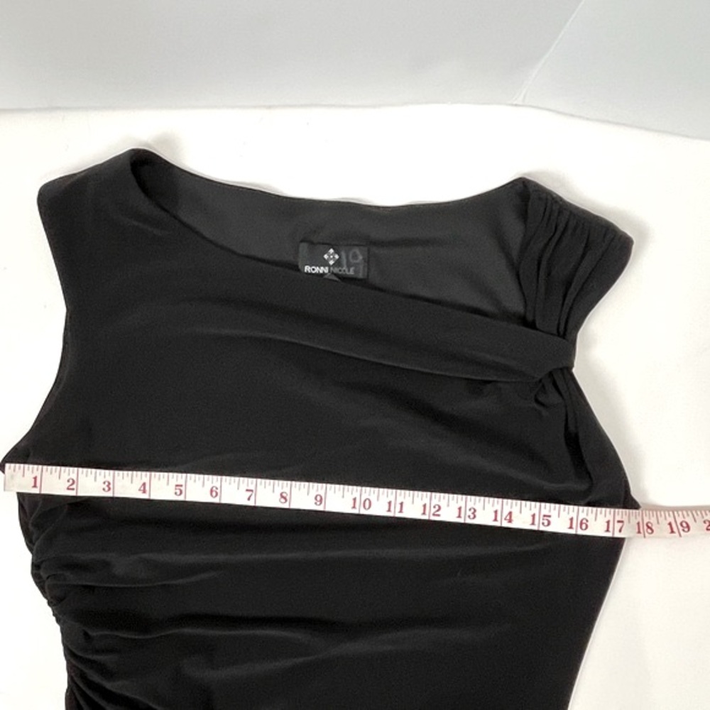 Ronni Nicole Dress Size 12 Black Ruched Asymmetric Stretch Knit Mini Lined - Picture 5 of 9